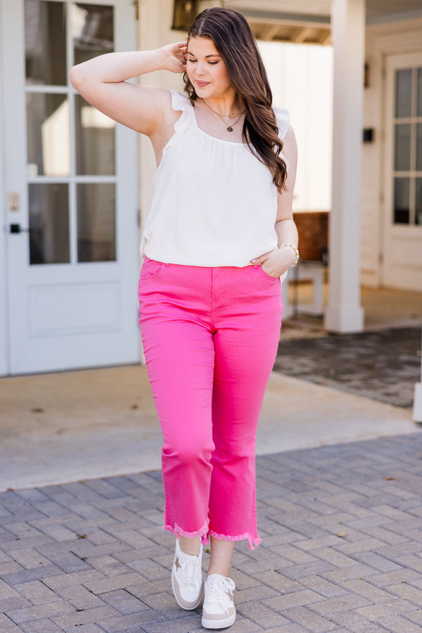 Chic Soul plus size clothing, pink fade capri length denim with frayed hem