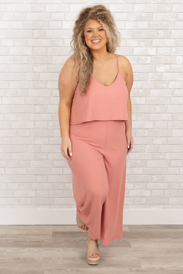 Chic Soul plus size clothing, ash rose comfy jumpsuit with spaghetti straps