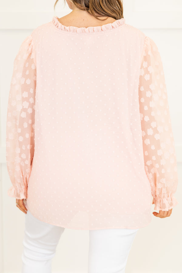 Chic Soul plus size clothing, long-sleeve split-v-neckline soft pink top with tassels and sheer floral sleeves 