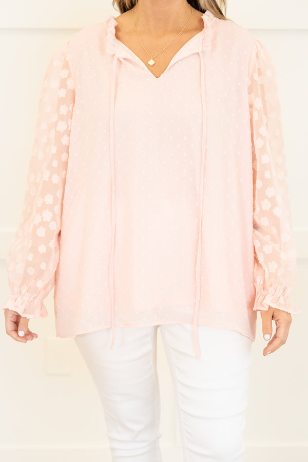 Chic Soul plus size clothing, long-sleeve split-v-neckline soft pink top with tassels and sheer floral sleeves 
