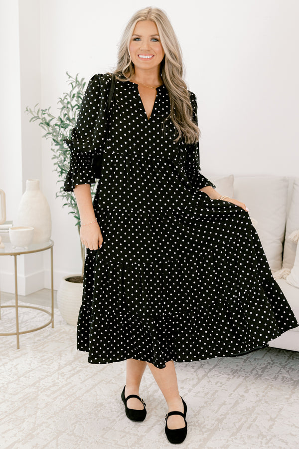 Chic Soul plus size clothing, black long sleeve midi dress with white polka dots