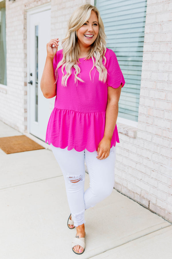 Plus Size hot pink babydoll top with scalloped hem, short sleeves, and round neckline.