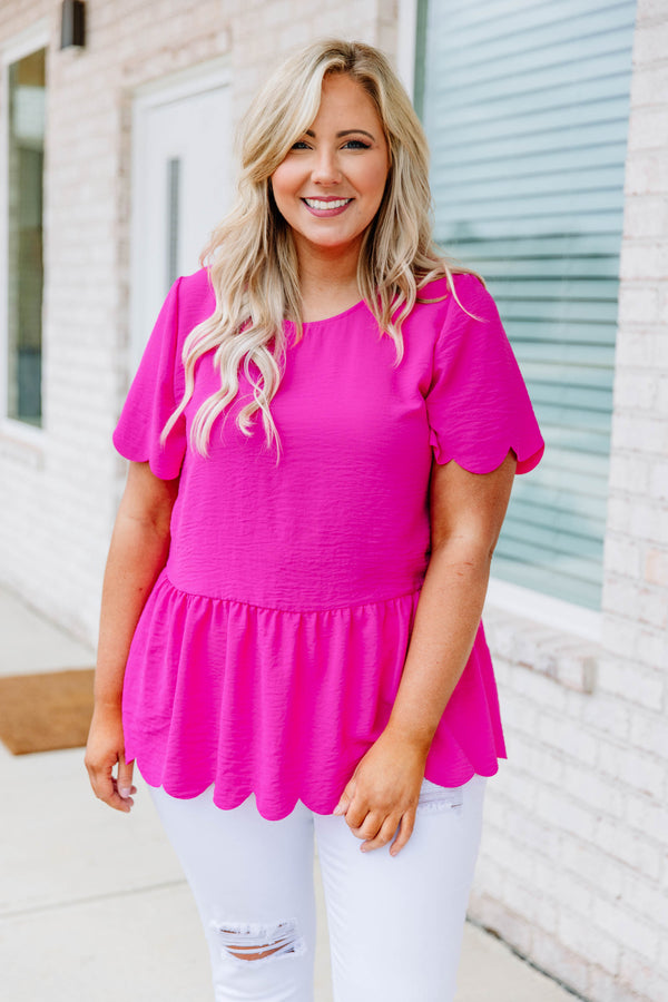Plus Size hot pink babydoll top with scalloped hem, short sleeves, and round neckline.