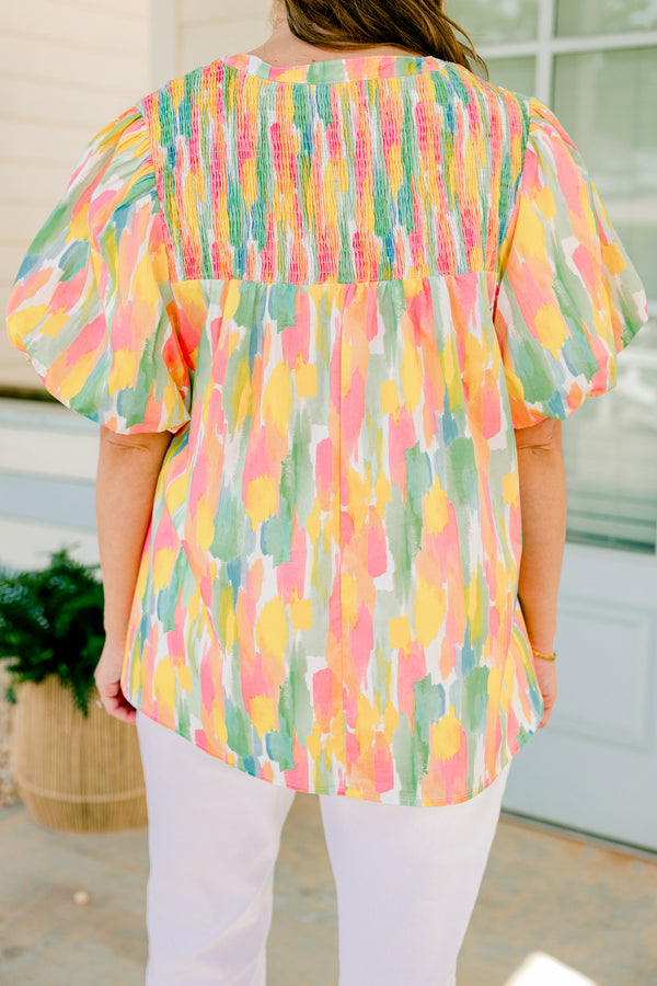 Chic Soul Plus size clothing, pink watercolor top with bubble sleeves an a textured neckline