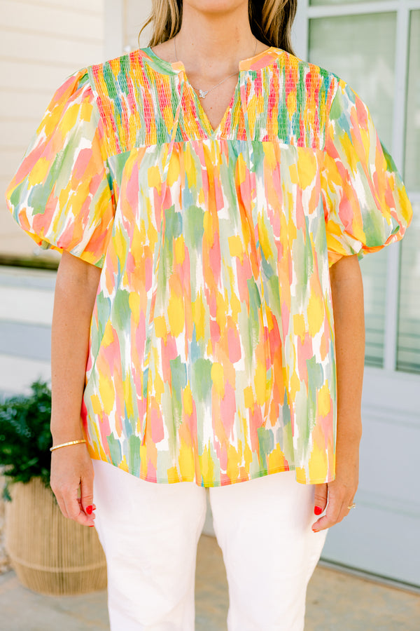 Chic Soul Plus size clothing, pink watercolor top with bubble sleeves an a textured neckline