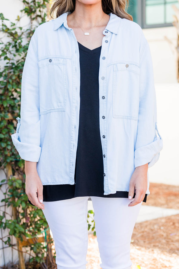 Chic Soul plus size clothing, light wash button down denim jacket with chest pockets
