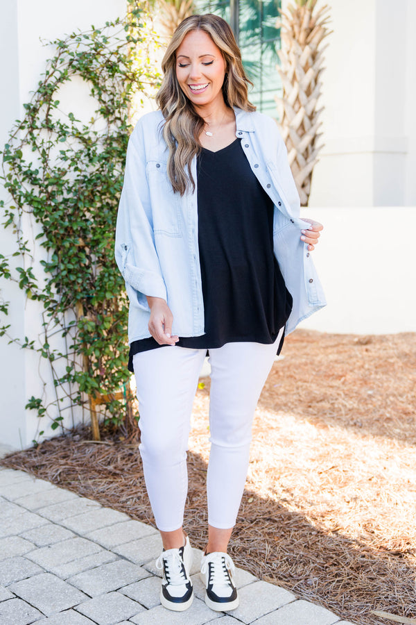 Chic Soul plus size clothing, light wash button down denim jacket with chest pockets