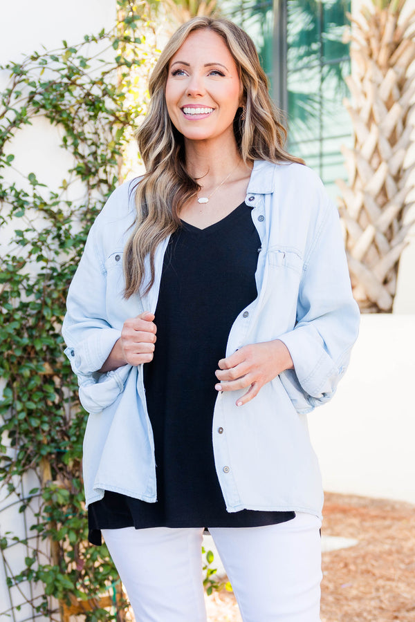 Chic Soul plus size clothing, light wash button down denim jacket with chest pockets