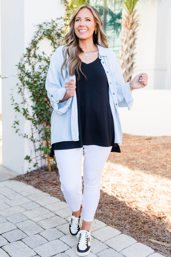 Chic Soul plus size clothing, light wash button down denim jacket with chest pockets