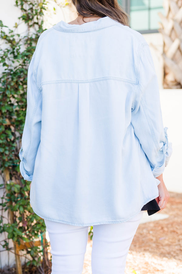 Chic Soul plus size clothing, light wash button down denim jacket with chest pockets