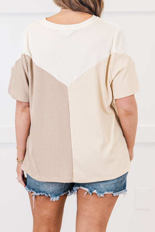 Chic soul plus size clothing, brown colorblock short sleeve top, with a ribbed texture. Colorblock consist of beige, brown and off-white  