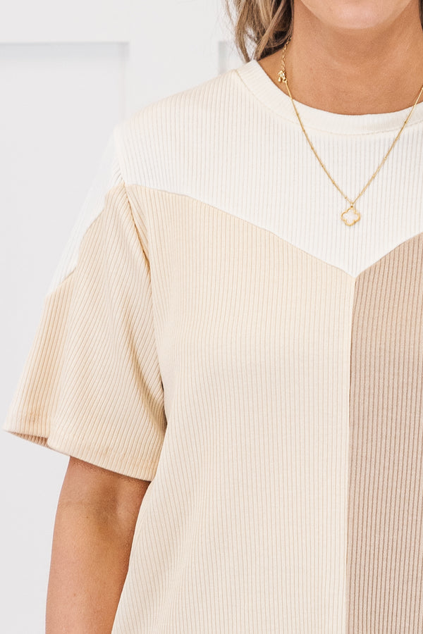 Chic soul plus size clothing, brown colorblock short sleeve top, with a ribbed texture. Colorblock consist of beige, brown and off-white  