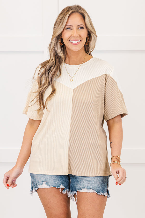 Chic soul plus size clothing, brown colorblock short sleeve top, with a ribbed texture. Colorblock consist of beige, brown and off-white  