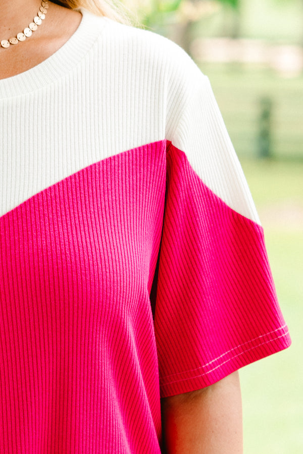 Chic Soul plus size clothing, color blocked white and baby pink and hot pink short sleeve rounded neckline ribbed basic top 