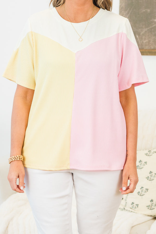 Chic Soul plus size clothing, yellow/pink short sleeve flowy top with round neckline with yellow on one side and pink on the other with white top detail