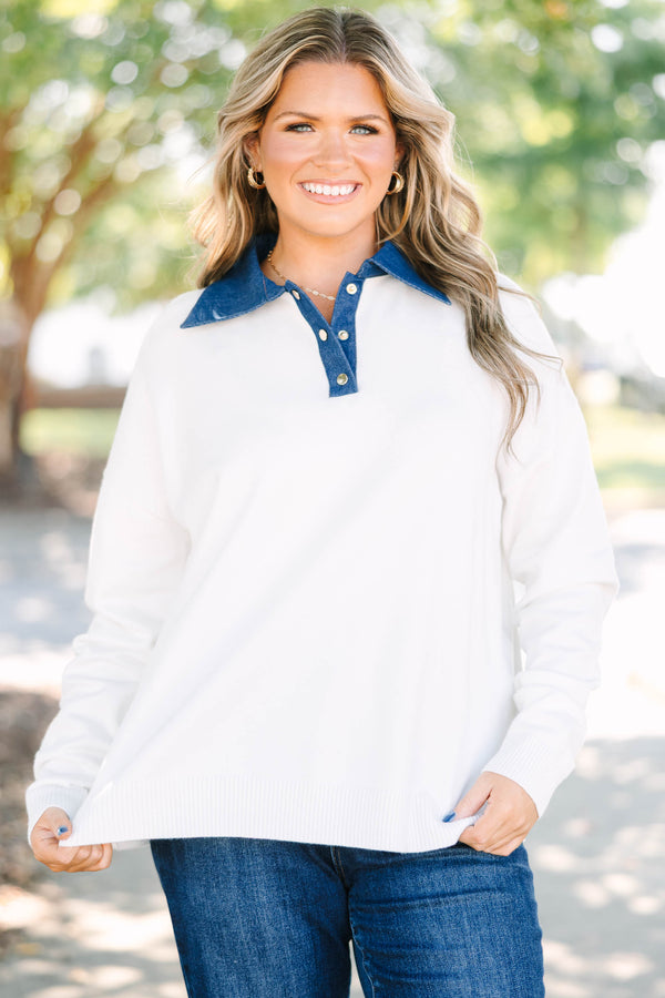 Plus size ivory sweater with a denim collar and button placket, featuring a soft, relaxed fit.