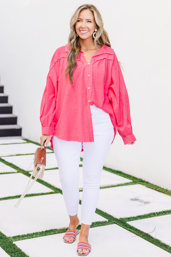 Chic Soul plus size clothing, long-sleeve slightly frayed oversized button-up blouse in a vibrant bubblegum pink color with a lightweight slightly crinkled texture and a collared neckline and white buttons running down the front
