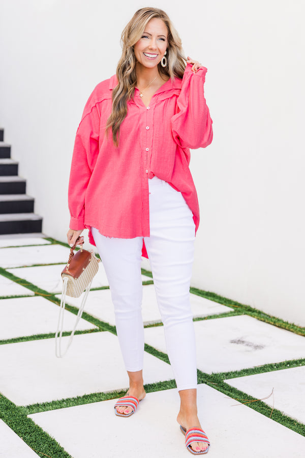 Chic Soul plus size clothing, long-sleeve slightly frayed oversized button-up blouse in a vibrant bubblegum pink color with a lightweight slightly crinkled texture and a collared neckline and white buttons running down the front