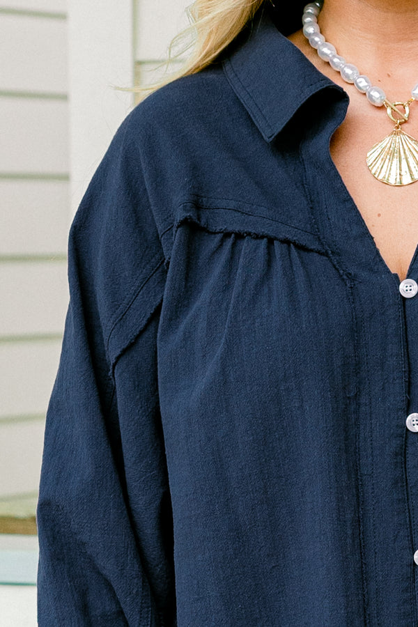 Chic Soul plus size clothing, navy blue long sleeve collared shirt with white buttons down the front