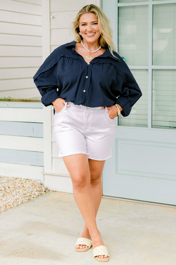 Chic Soul plus size clothing, navy blue long sleeve collared shirt with white buttons down the front