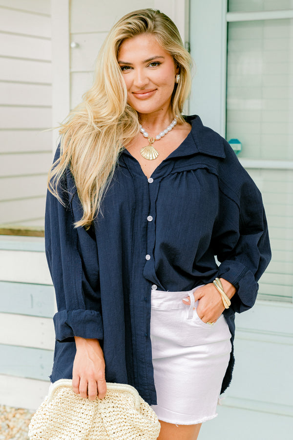 Chic Soul plus size clothing, navy blue long sleeve collared shirt with white buttons down the front