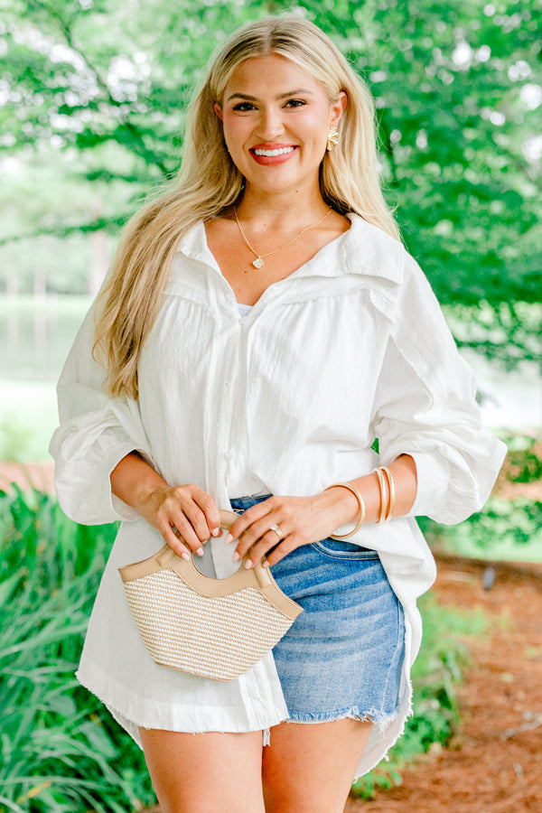 Chic soul plus size clothing, White long sleeve button up blouse with a collar 
