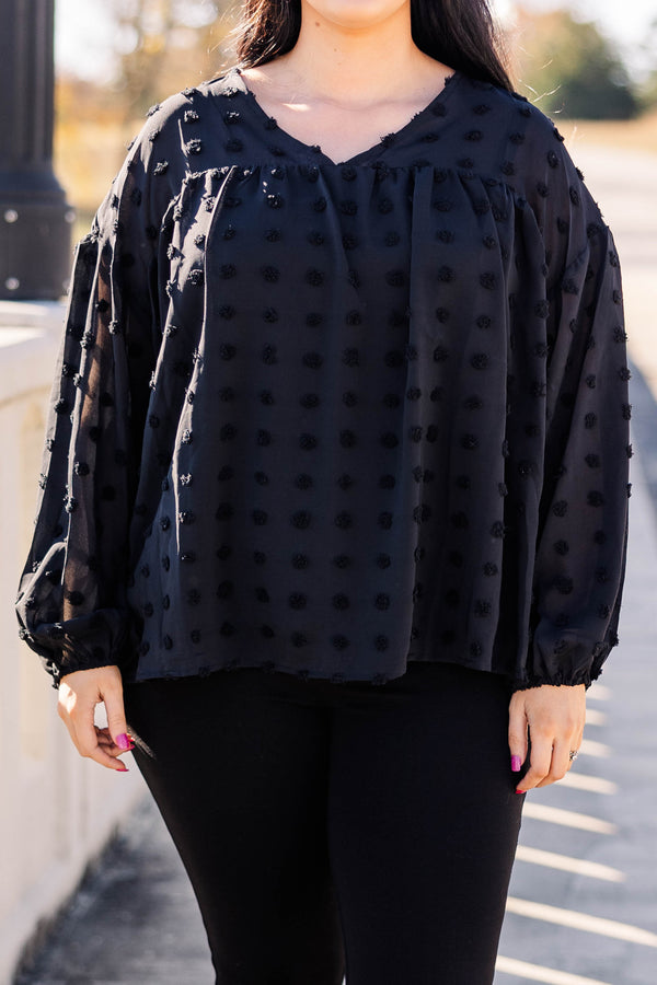 Chic Soul plus size clothing, black swiss dotted flowy top with bubble sleeves