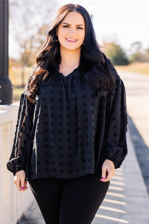 Chic Soul plus size clothing, black swiss dotted flowy top with bubble sleeves