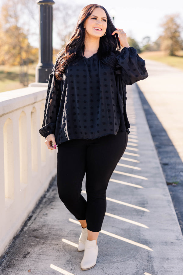 Chic Soul plus size clothing, black swiss dotted flowy top with bubble sleeves