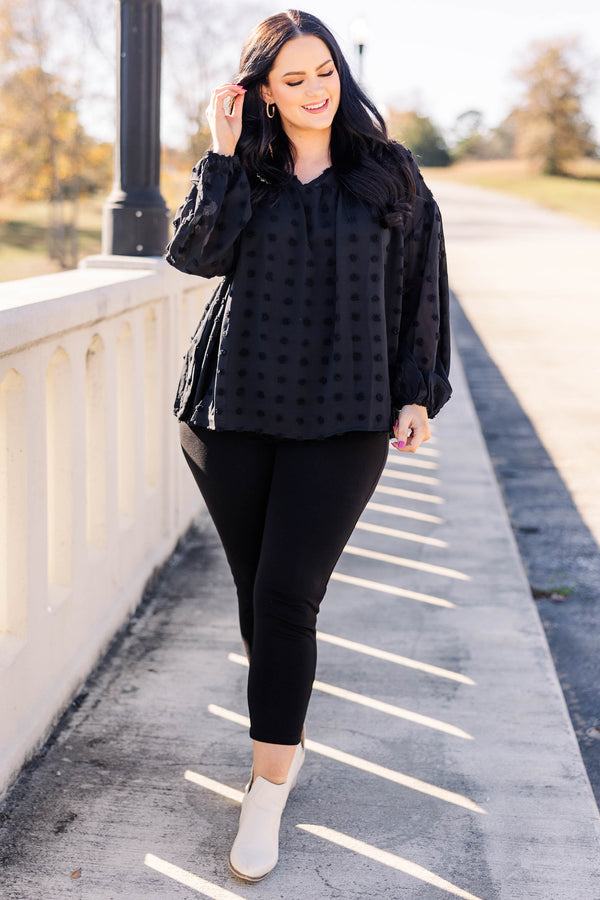 Chic Soul plus size clothing, black swiss dotted flowy top with bubble sleeves