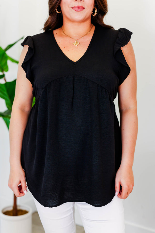 Chic Soul plus size clothing, black babydoll style top with v-neckline and flutter sleeves