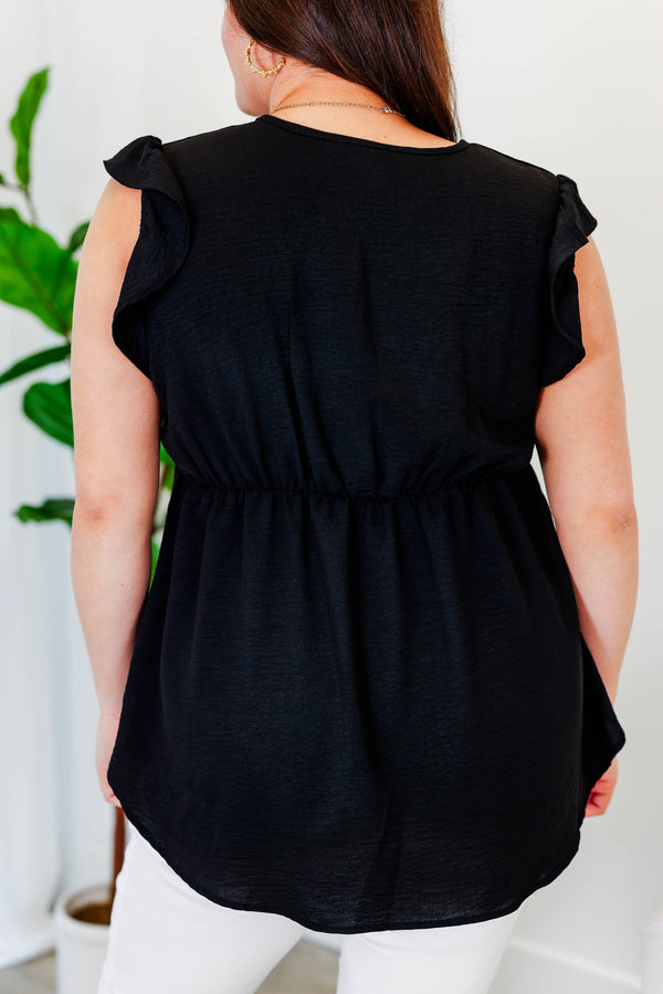 Chic Soul plus size clothing, black babydoll style top with v-neckline and flutter sleeves