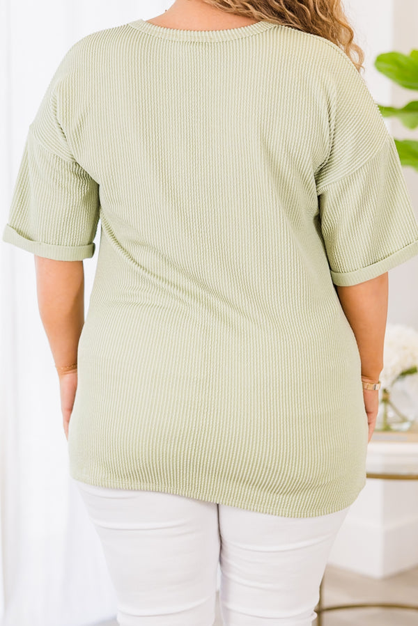 Chic Soul plus size clothing, light sage short sleeve ribbed knit top with v neckline