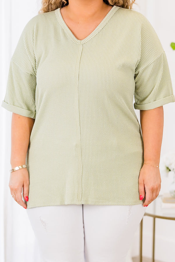 Chic Soul plus size clothing, light sage short sleeve ribbed knit top with v neckline