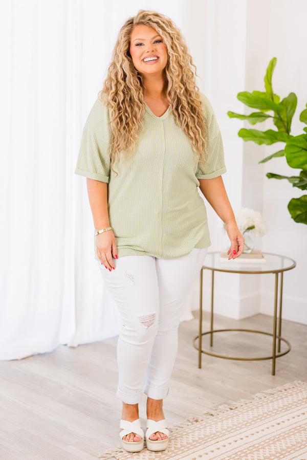 Chic Soul plus size clothing, light sage short sleeve ribbed knit top with v neckline