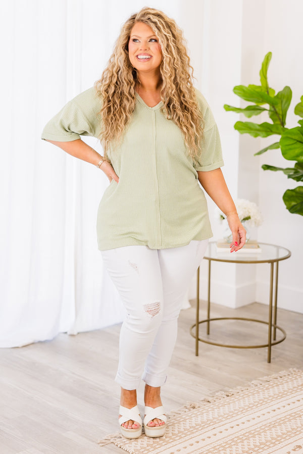 Chic Soul plus size clothing, light sage short sleeve ribbed knit top with v neckline