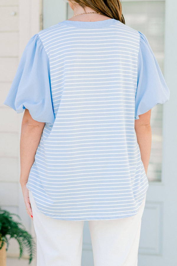 Chic Soul plus size clothing, blue short sleeve top with puff sleeves and white stripe body with v button up neckline 