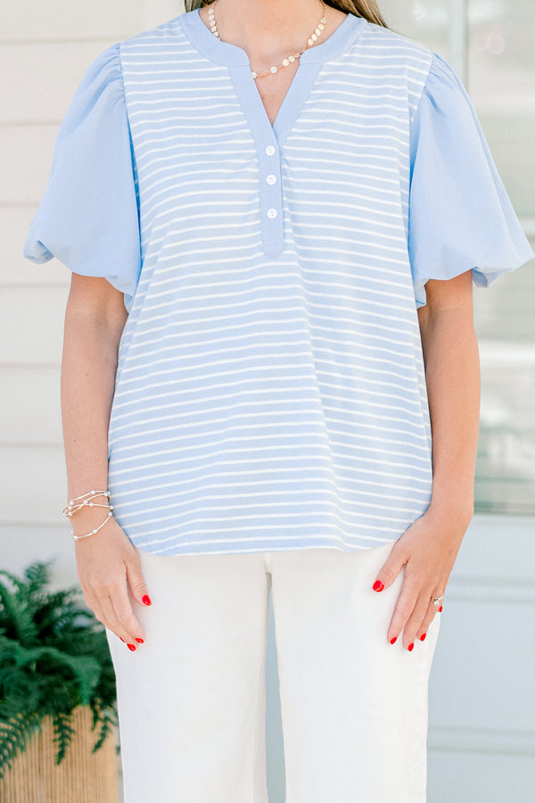 Chic Soul plus size clothing, blue short sleeve top with puff sleeves and white stripe body with v button up neckline 