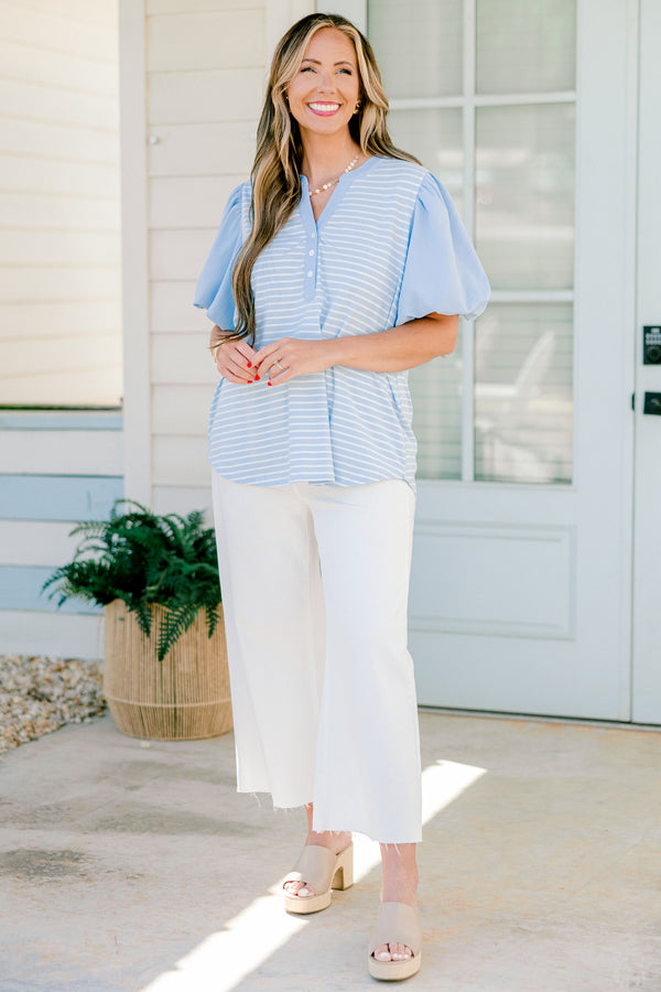Chic Soul plus size clothing, blue short sleeve top with puff sleeves and white stripe body with v button up neckline 