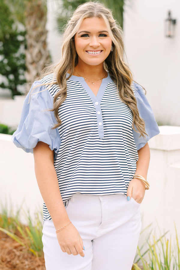 Chic Soul plus size clothing, black and white thin horizontal stripe top with light blue trim and puff sleeves with button up collar