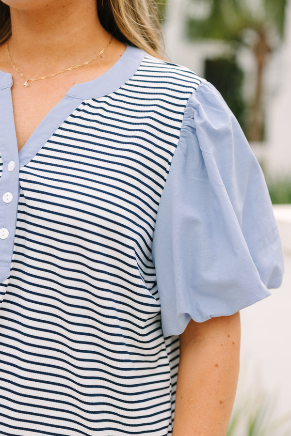 Chic Soul plus size clothing, black and white thin horizontal stripe top with light blue trim and puff sleeves with button up collar