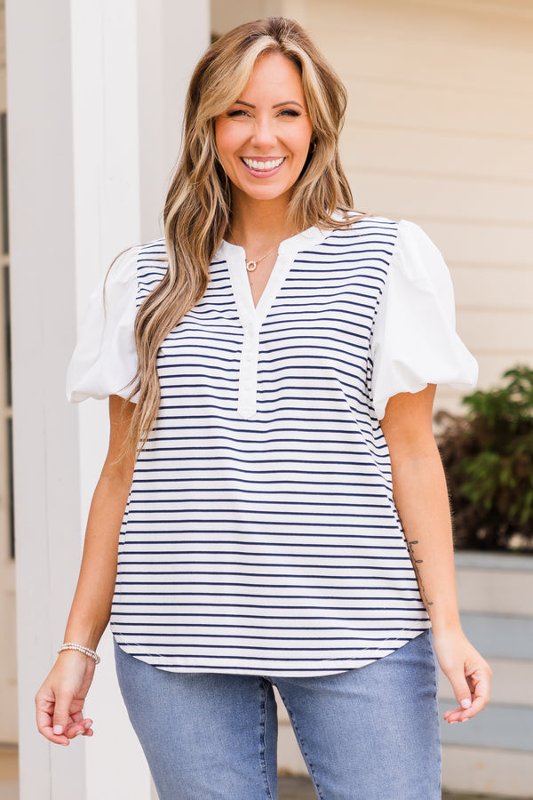 Chic Soul plus size clothing, off-white and black striped top with v-neckline and off-white puffed short sleeves 