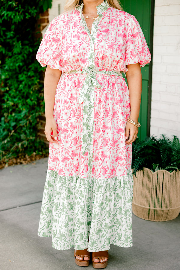 Chic Soul plus size clothing, pink floral short-bubble sleeve button-up ruffle collar maxi dress with green floral blocking at collar and bottom of dress plus a green floral waist tie