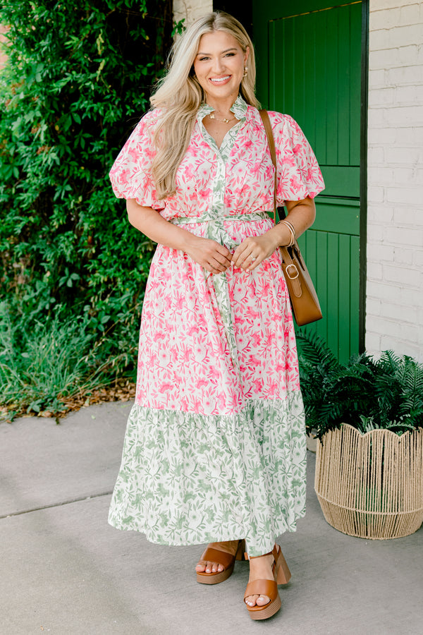 Chic Soul plus size clothing, pink floral short-bubble sleeve button-up ruffle collar maxi dress with green floral blocking at collar and bottom of dress plus a green floral waist tie