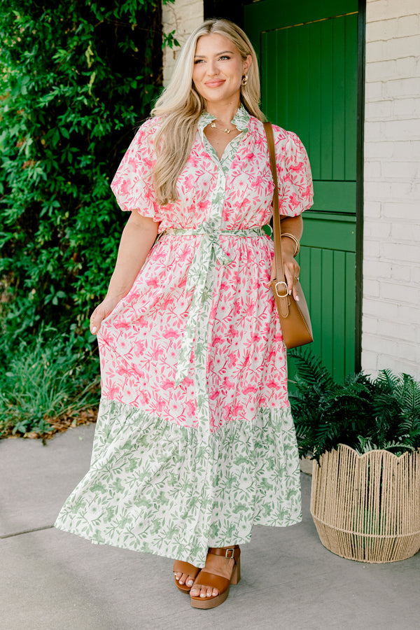 Chic Soul plus size clothing, pink floral short-bubble sleeve button-up ruffle collar maxi dress with green floral blocking at collar and bottom of dress plus a green floral waist tie