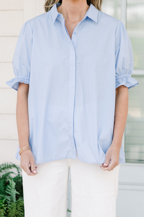Chic Soul plus size clothing, blue button up short sleeve top with collar and puff sleeve detail with hidden button detail