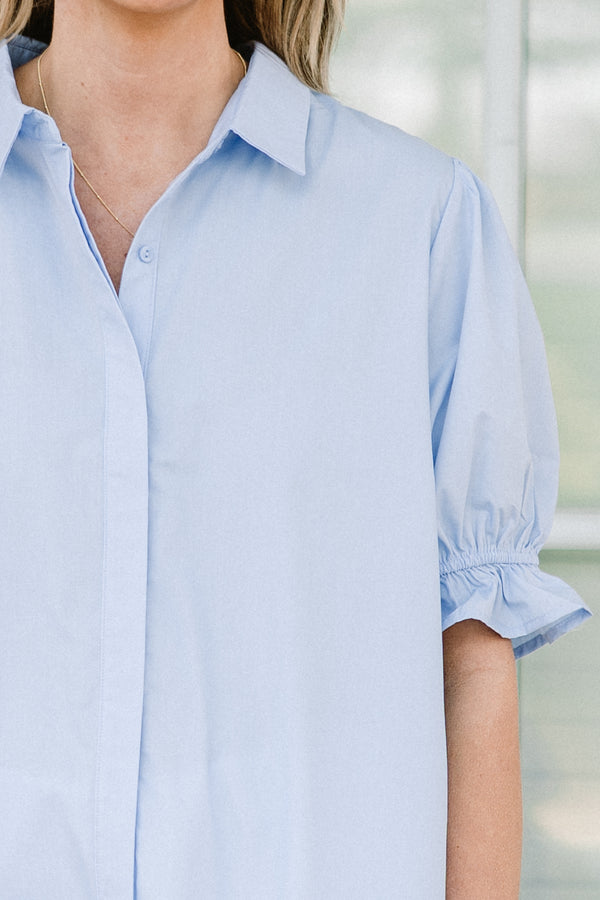 Chic Soul plus size clothing, blue button up short sleeve top with collar and puff sleeve detail with hidden button detail