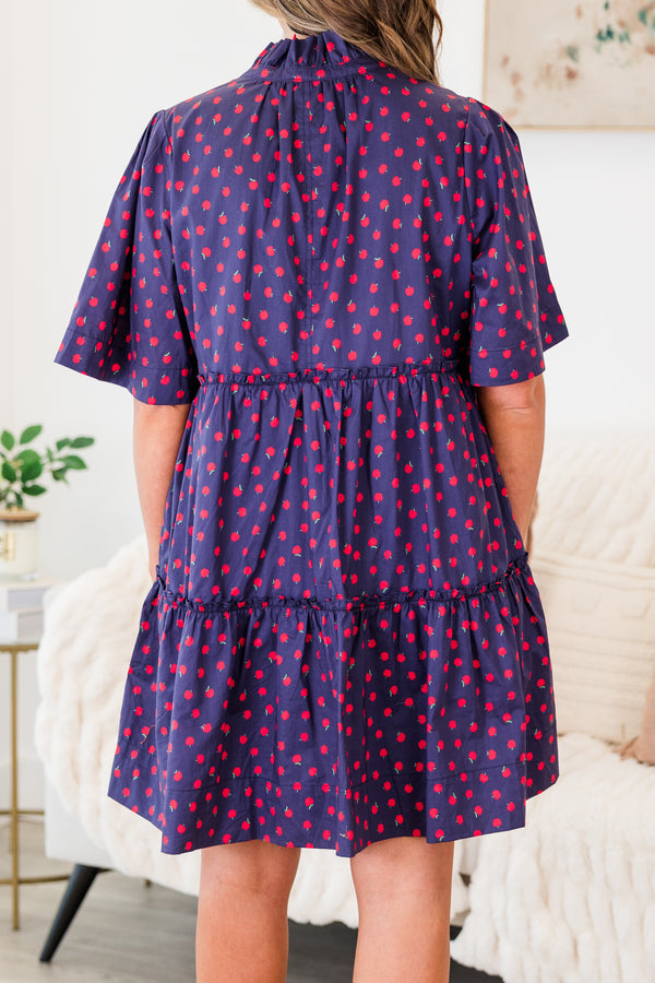 Chic Soul Plus size clothing, Navy baby doll dress with short sleeves and an apple print throughout the dress with a ruffle collar and slight v-neckline 
