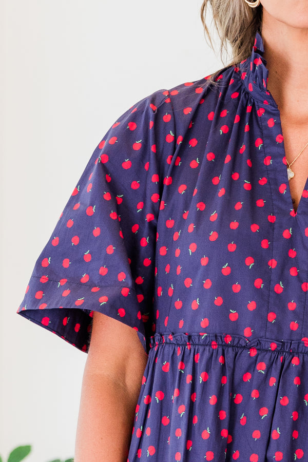 Chic Soul Plus size clothing, Navy baby doll dress with short sleeves and an apple print throughout the dress with a ruffle collar and slight v-neckline 

