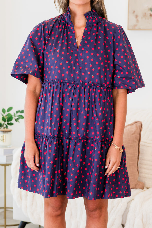Chic Soul Plus size clothing, Navy baby doll dress with short sleeves and an apple print throughout the dress with a ruffle collar and slight v-neckline 
